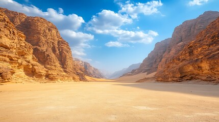 Naklejka premium Desert canyon landscape, sunny day, Wadi Rum, adventure travel.