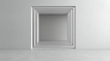A minimalist interior featuring a series of white frames creating a perspective effect in a spacious, empty room.
