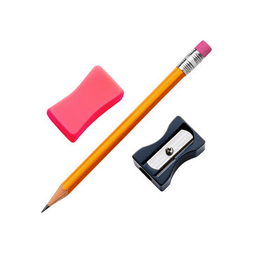 Pencil with eraser and sharpener on transparent background