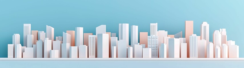 A minimalist city skyline features sleek, modern buildings in various heights, set against a light blue background.