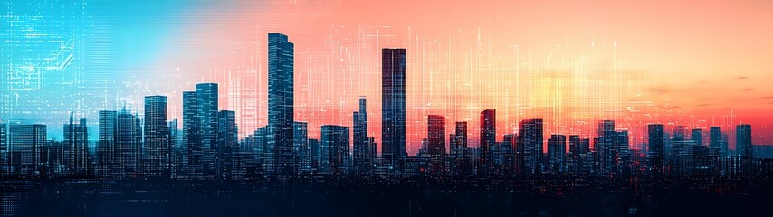 Obraz premium A vibrant city skyline at sunset, featuring modern skyscrapers silhouetted against a colorful sky of blue and orange hues.