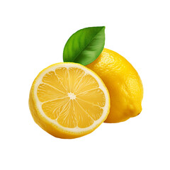 Yellow lemon fruit with slice and green leaf on transparent background