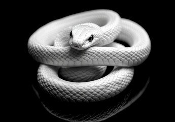 Fototapeta premium Elegant White Snake Coiled Gracefully on a Glossy Surface Against a Black Background, Captivating Texture and Detail Highlighted in Monochrome