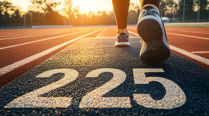 225 concept. Word start 2025 written on the athletics track and athlete woman runner preparing for the new year at sunset