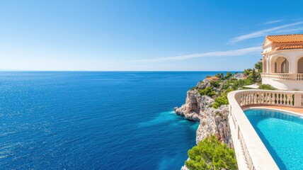 Luxurious retreat perched on a cliff, overlooking the sparkling azure sea, offering breathtaking coastal views.