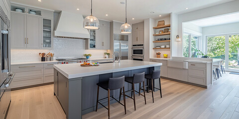 Luxuriöse Küche, weiße Eiche, weiße und graue Farben, mattes und erdiges Gefühl, minimalistisches indisches Design