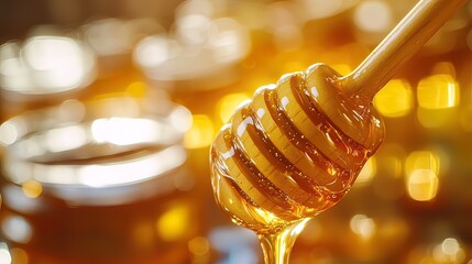 Golden honey dripping from a wooden honey dipper.