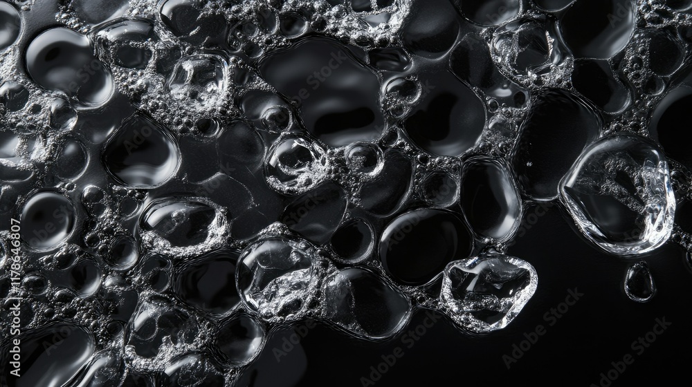 Poster clear water droplets on a black surface, forming a textured pattern, ideal for creating a sleek and 