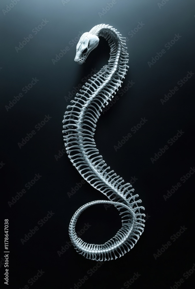Poster intricate and detailed x-ray image of a skeleton of a snake gliding gracefully against a dark backgr