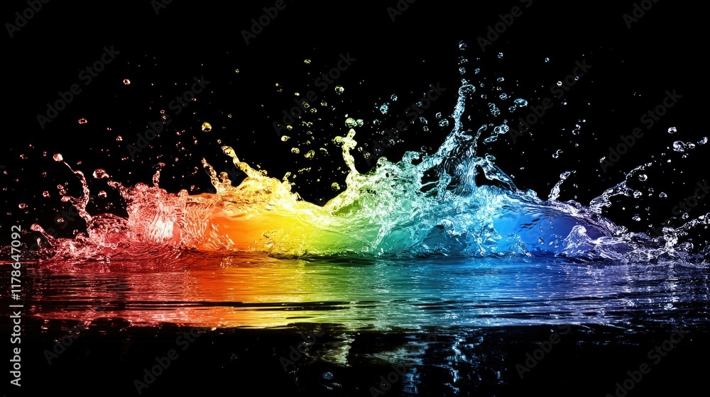 Poster clear water splashing energetically on a dark background, producing clean, crisp droplets and creati