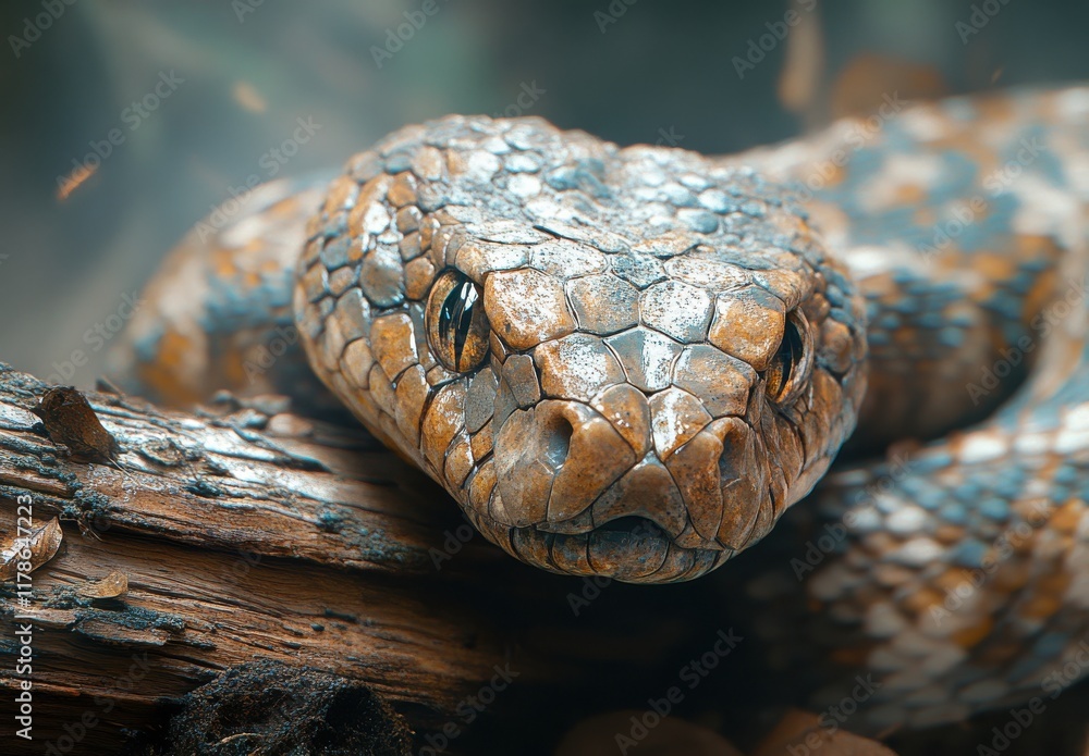 Poster intricate close-up of a colorful snake skin texture on a natural background, showcasing the beautifu