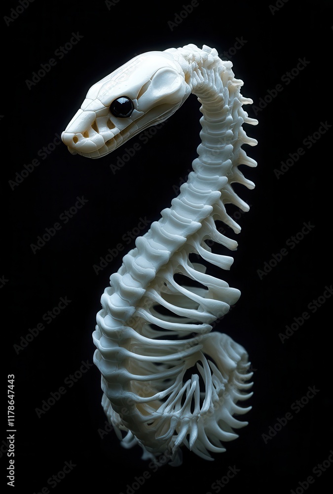 Poster Intricate Design of a Stylized Snake Skeleton on a Black Background, Showcasing the Grace and Complexity of Reptilian Anatomy in a Unique Artistic Interpretation