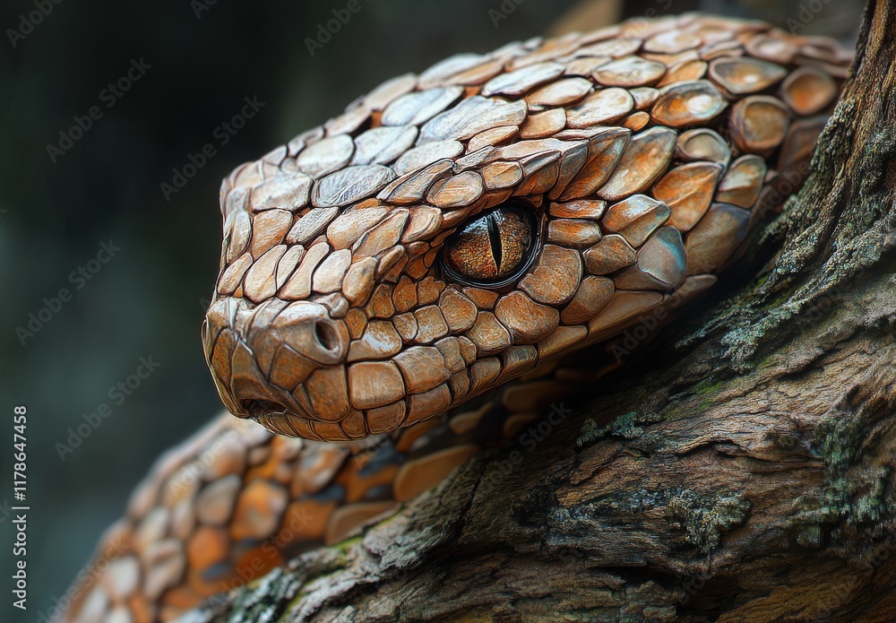 Poster intricate close-up of textured snake skin on a tree branch, highlighting unique patterns and natural