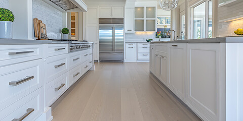 Fototapeta premium Luxuriöse Küche, weiße Eiche, weiße und graue Farben, mattes und erdiges Gefühl, minimalistisches indisches Design