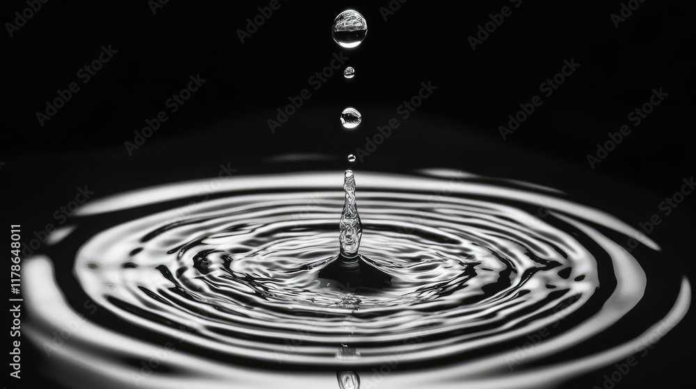 Poster clear water splashing onto a black backdrop, creating ripples and droplets that form an elegant and 