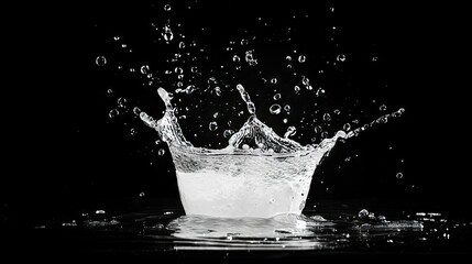 Clear water splashing with droplets flying on a black background, forming an abstract and modern visual that conveys cleanliness and energy