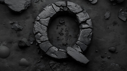 The letter "Q", made of stone, mountain, earth.