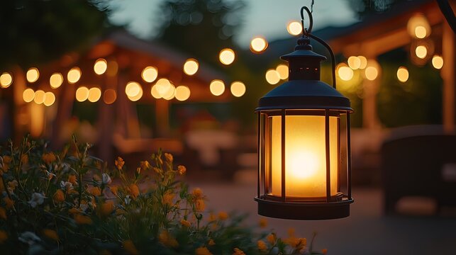 Illuminated lantern hanging outdoors at night, with a blurred background of patio furniture and string lights.
