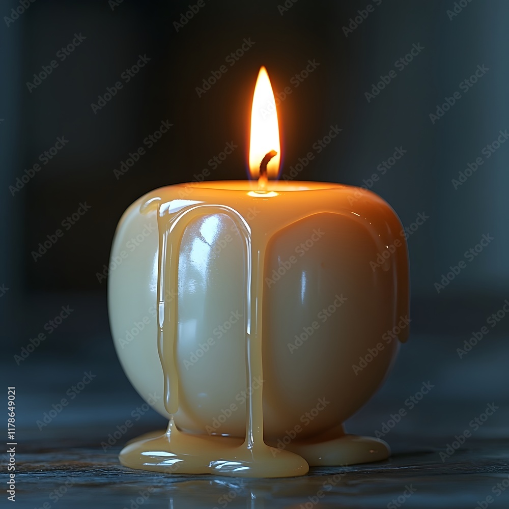 Poster simple white candle with melted wax flowing down in minimalistic style and soft glow copy space