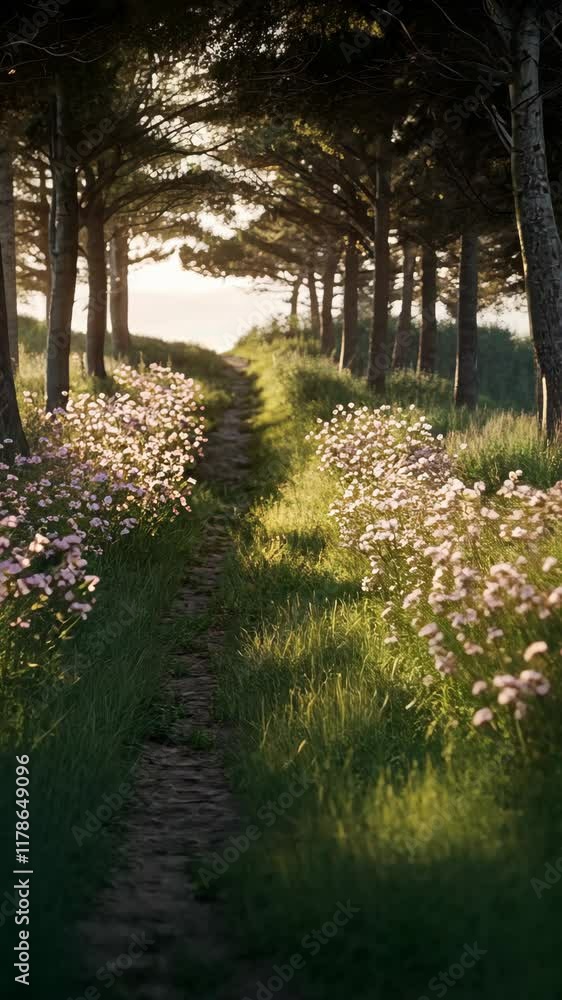 Aufkleber beautiful pathway lined with wildflowers and trees during golden hour in a tranquil forest setting