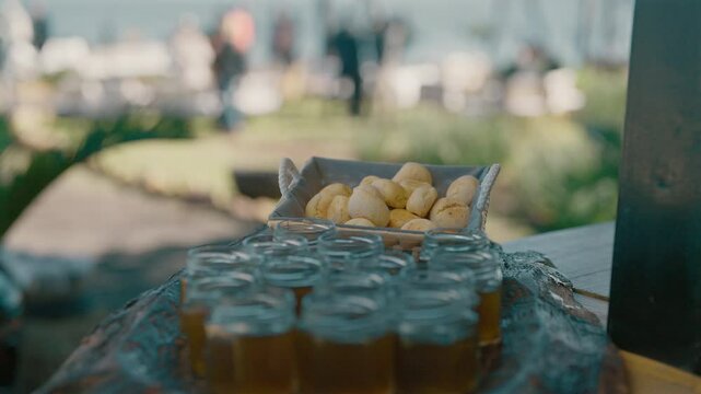 Chip&aacute; and Mate Cocido on tray, traditional Argentine cuisine, close up