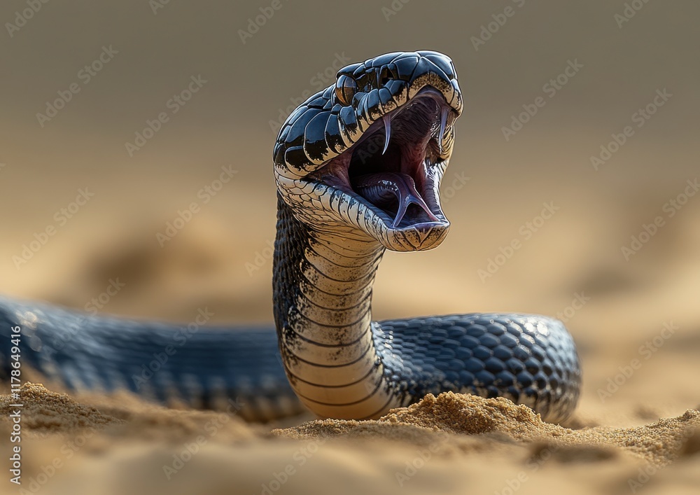 Aufkleber majestic snake with open mouth displaying fangs and intimidating posture on sandy ground in a natura