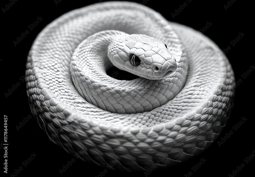 Poster majestic white snake coiling gracefully on a dark background, captivating the viewer with its intric