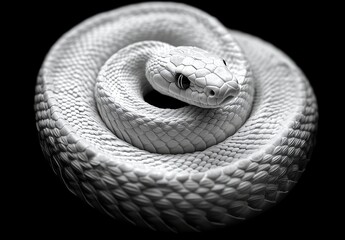 Fototapeta premium Majestic White Snake Coiling Gracefully on a Dark Background, Captivating the Viewer with Its Intricate Scale Patterns and Unique Form