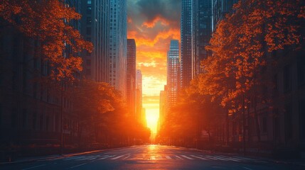 A vibrant sunset illuminating a city street flanked by towering buildings and trees.
