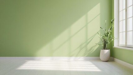 Fototapeta premium Serene green room featuring soft drop shadows for a calming and inviting atmosphere.