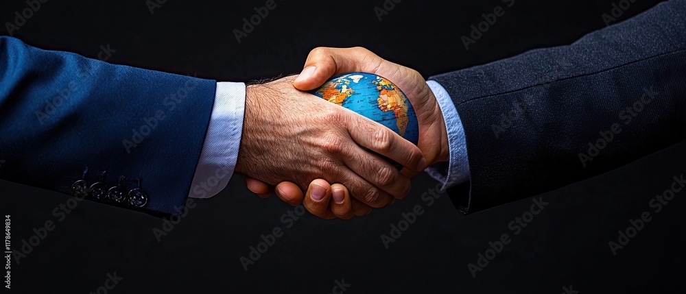 Poster a symbolic handshake over a globe, representing global partnership, cooperation, and unity in addres