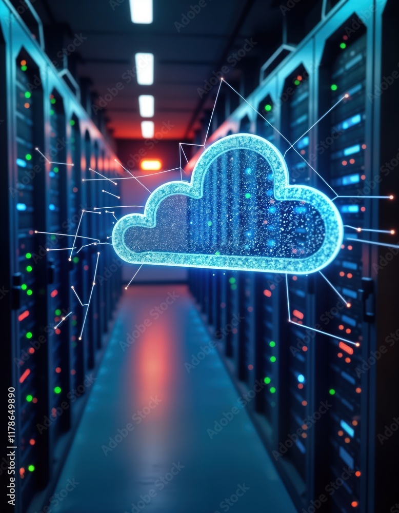 Aufkleber Modern tech lab shows cloud computing workshop. Businesses learn data transfer. Hands-on training session in morning light. Expert instructor guides participants. Cloud computing solutions,