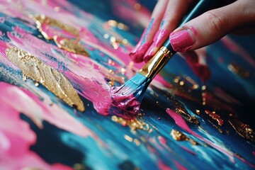 Fototapeta premium Close-Up of Artist's Hand Painting Vibrant Abstract Artwork