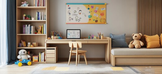 Child's bright bedroom with wooden furniture, desk, laptop, and toys.