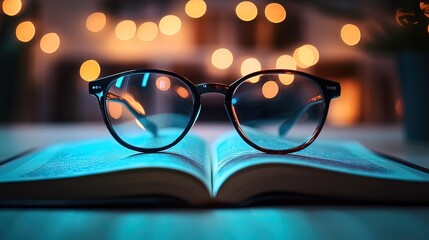 Open book with eyeglasses on a table at night, illuminated by warm bokeh lights.