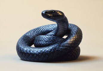 Fototapeta premium Realistic Sculptural Representation of a Black Snake in a Coiled Position Showcasing Detailed Scale Texture and a Striking Posture Against a Neutral Background