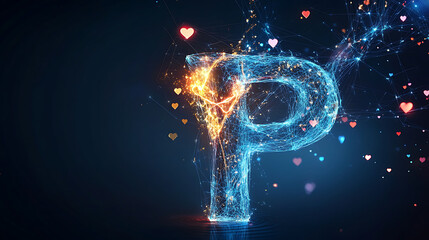 glowing letter P surrounded by swirling flames and hearts symbolizes love and connection