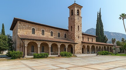 Stone Church Building With Bell Tower And Courtyard