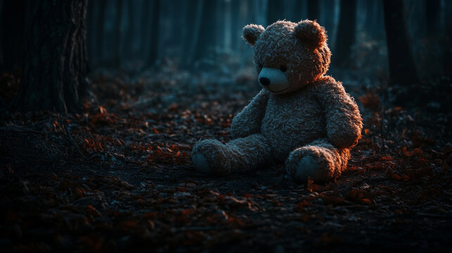 beautiful, A solitary teddy bear sits alone in the dark, moody woods, creating an atmospheric, surreal, and mysterious scene.