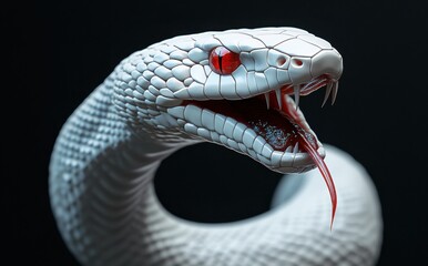 Fototapeta premium Striking Close-up of a Realistic White Snake with Red Eyes and Flicking Tongue Showcasing Textured Scales on a Dark Background for Nature Photography