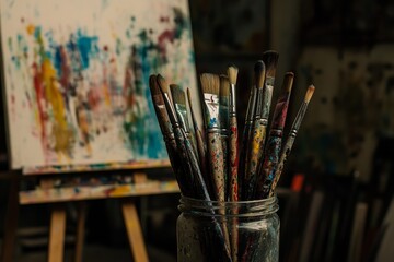 Fototapeta premium Paintbrushes in Focus with Vibrant Studio Background for World Art Day