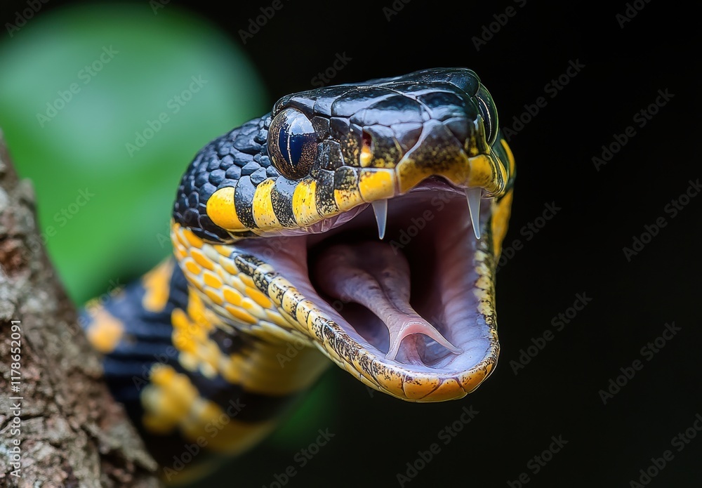 Poster stunning close-up of a colorful snake with open mouth showing fangs in a natural habitat surrounded 