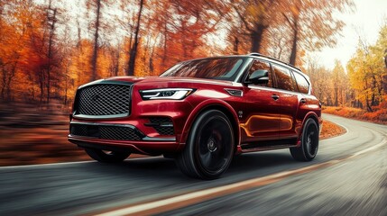 Obraz premium Red SUV driving on a winding autumn road.