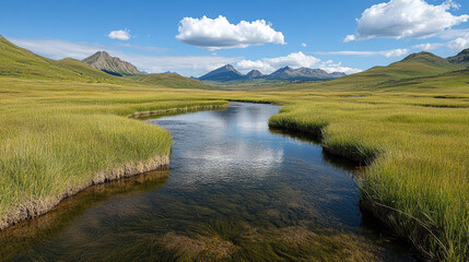 Fototapeta premium serene landscape featuring winding river surrounded by lush green grass and mountains
