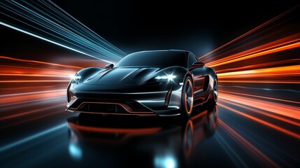 A sleek black sports car speeds through vibrant light trails, showcasing modern design and powerful performance
