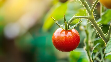 Ripe red cherry tomato on the vine in a garden.
