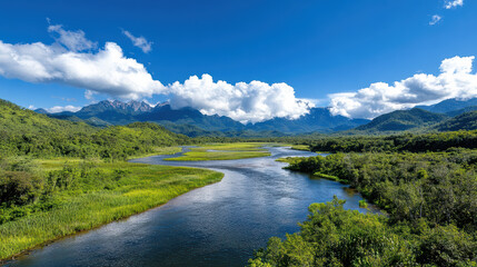 serene river flows through lush green landscapes under bright blue sky