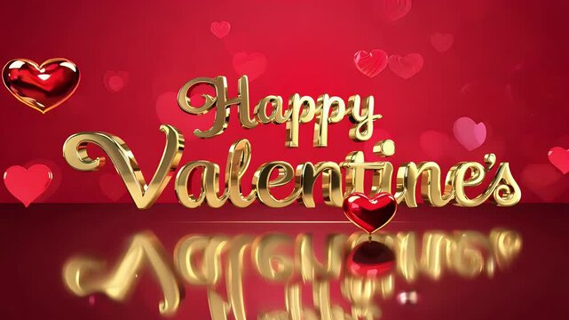 Golden 3D text rotating red arts illuminate reflective surface offering elegant Valentine's Day animation romantic e
