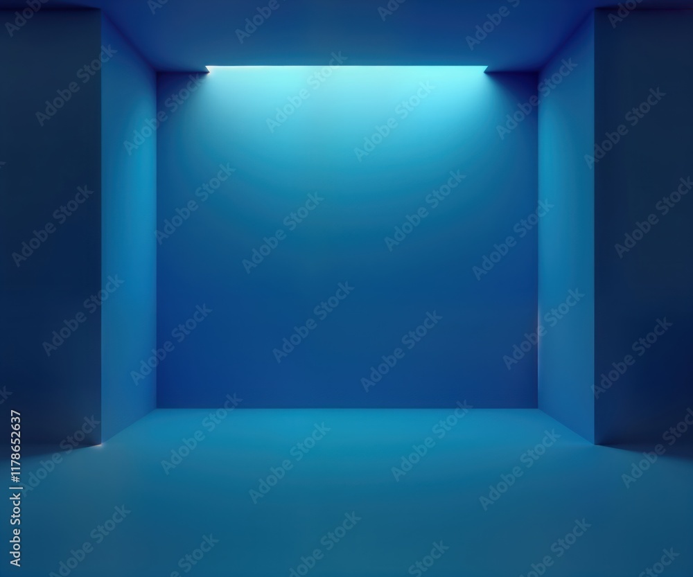 Aufkleber Empty blue room in 3D design. Modern abstract interior with gradient blue walls, floor. Light source from top creates spotlight effect. Suitable for product display tech presentation. Stylish