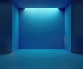 Empty blue room in 3D design. Modern abstract interior with gradient blue walls, floor. Light source from top creates spotlight effect. Suitable for product display tech presentation. Stylish